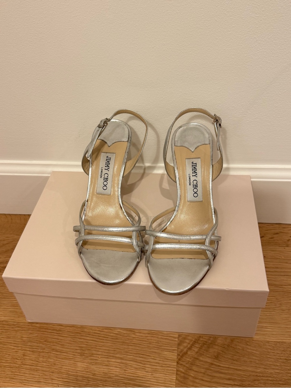 Jimmy Choo Silver Metallic Strappy Slingback Heels EU 36 Y2K Minimalist Sandals